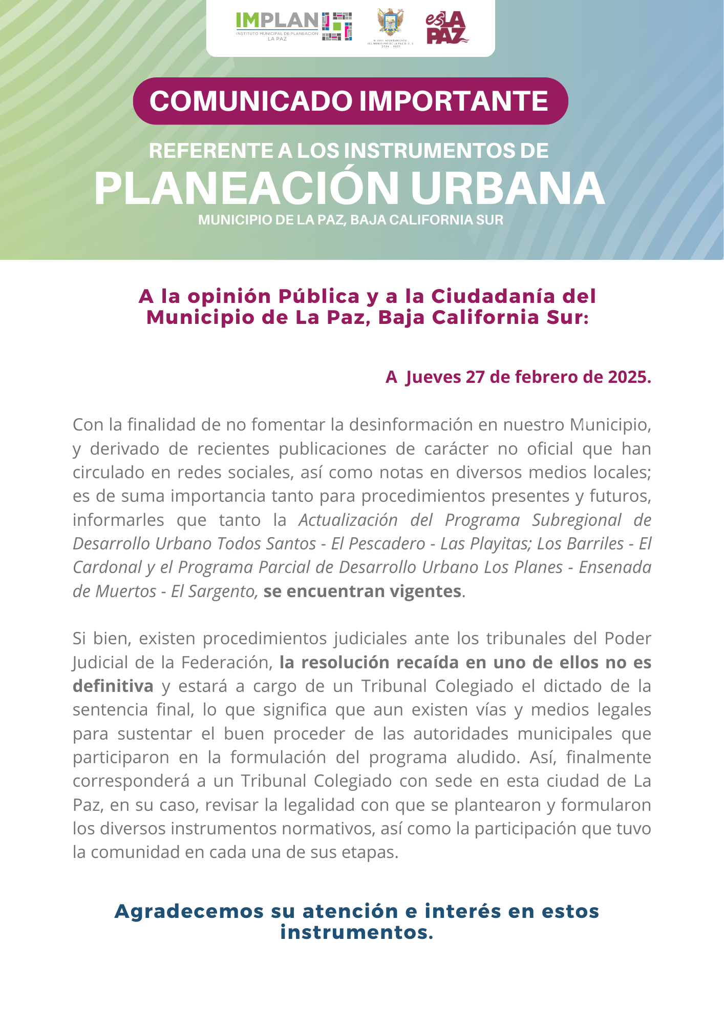 COMUNICADO DE IMPORTANCIA